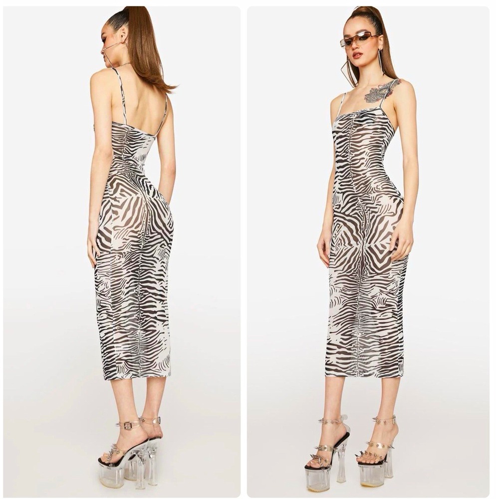 Lioness Charmed Mesh Midi Slip Dress Sz XL White Black Zebra Print Bodycon *READ